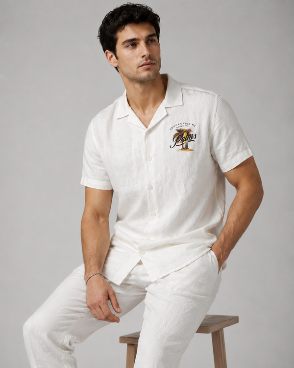 Men’s White Pure Linen PJ Cord Set | 60 Lea Premium Linen Shirt & Pyjama Co-ord | Luxury Loungewear & Resort Set