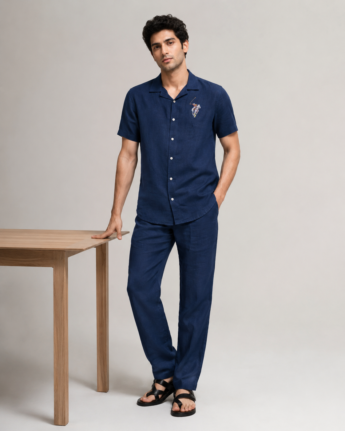 Men’s Navy Linen PJ Cord Set | 60 Lea Pure Linen Shirt & Pyjama Set | Luxury Evening Loungewear