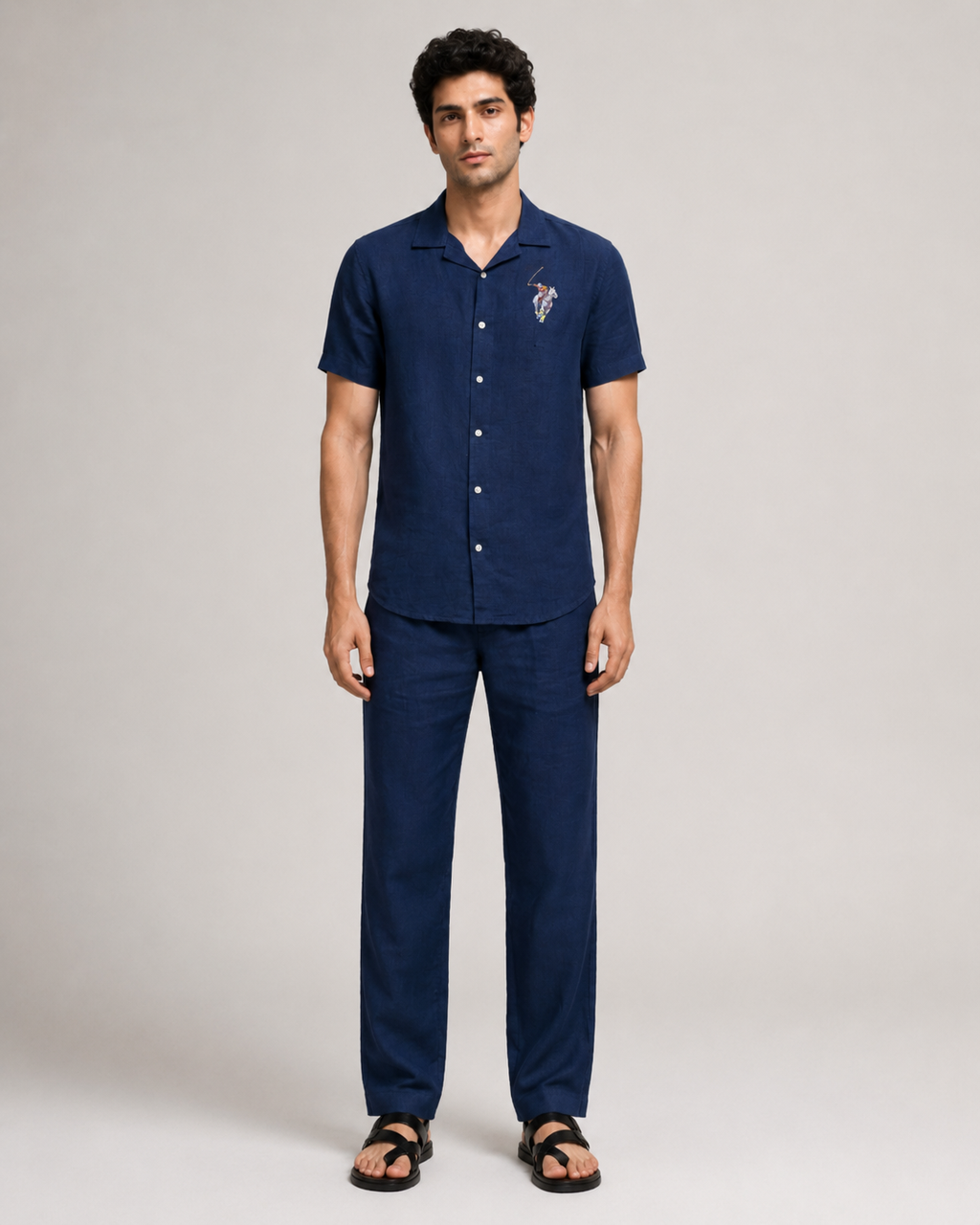 Men’s Navy Linen PJ Cord Set | 60 Lea Pure Linen Shirt & Pyjama Set | Luxury Evening Loungewear