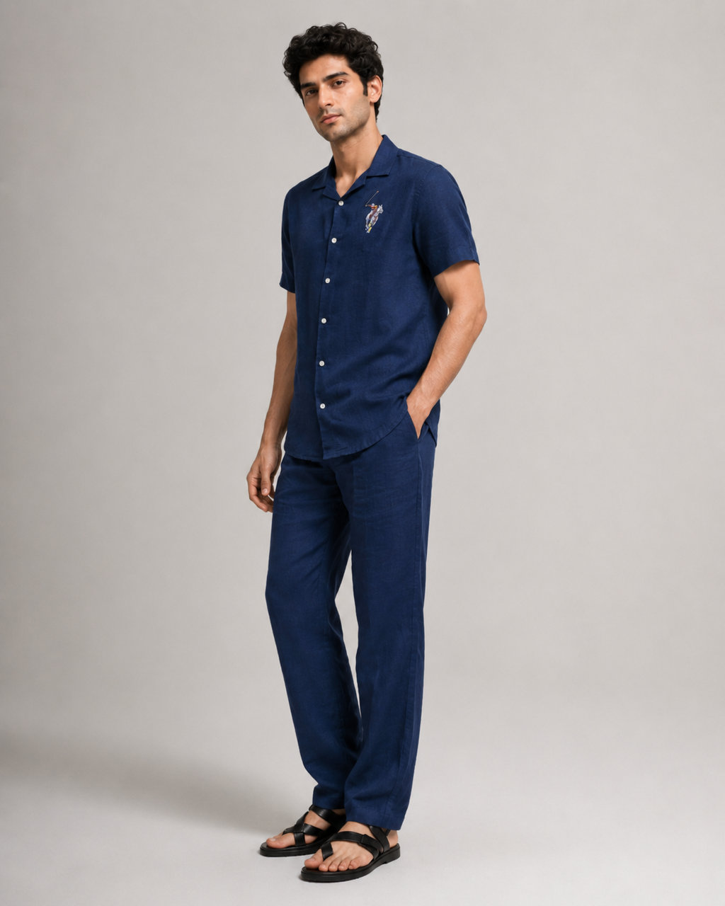 Men’s Navy Linen PJ Cord Set | 60 Lea Pure Linen Shirt & Pyjama Set | Luxury Evening Loungewear