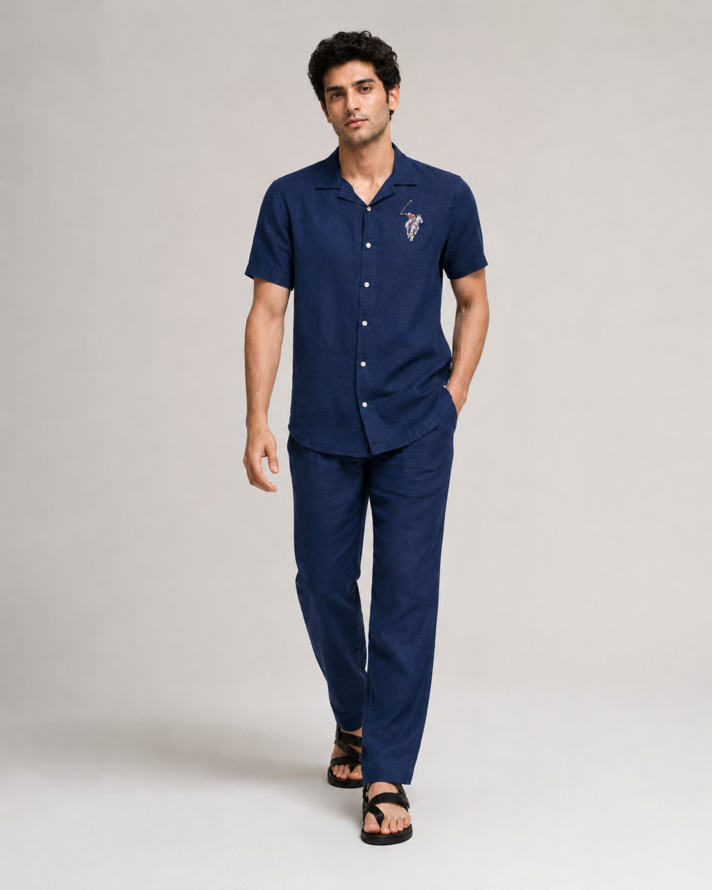 Men’s Navy Linen PJ Cord Set | 60 Lea Pure Linen Shirt & Pyjama Set | Luxury Evening Loungewear