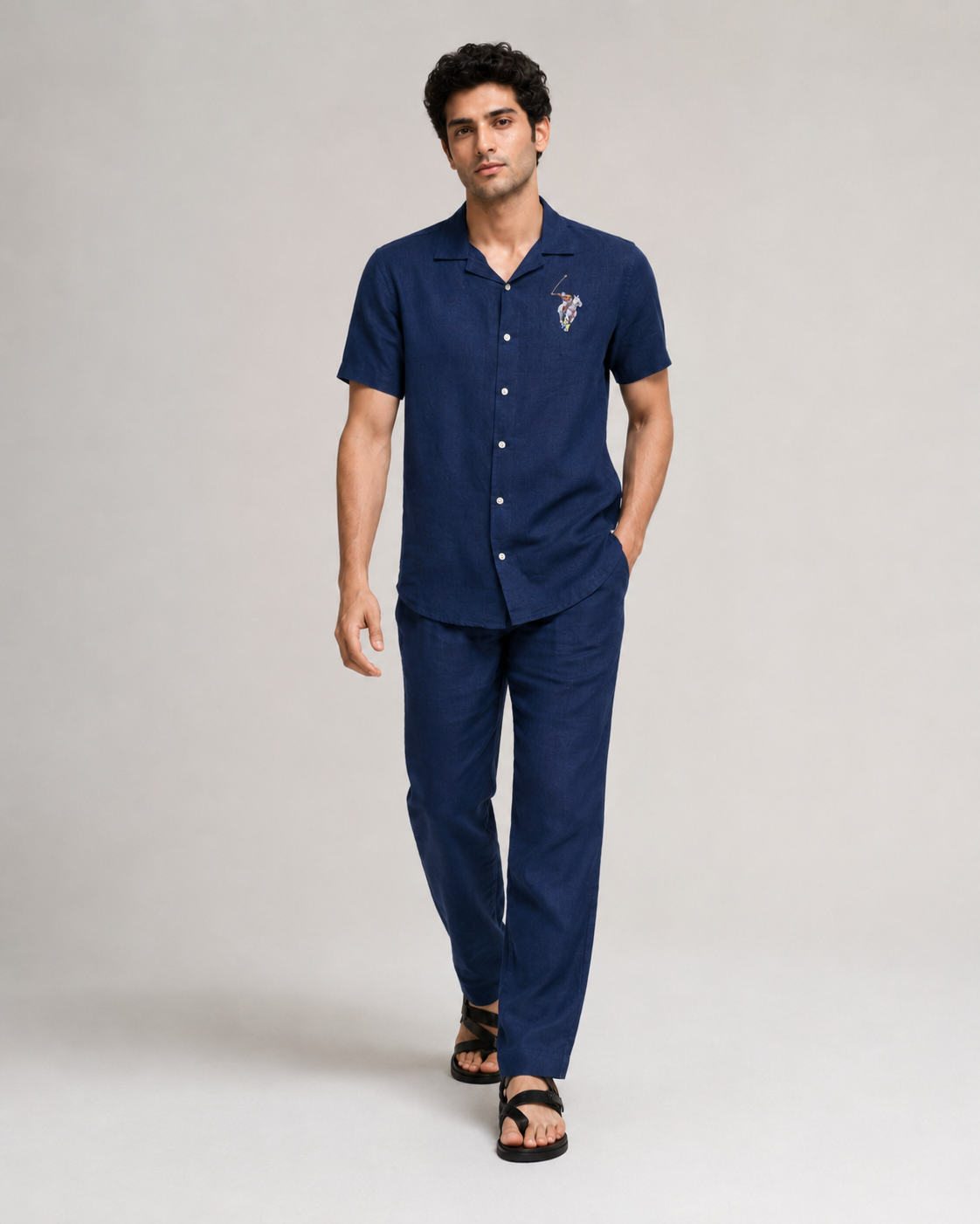 Men’s Navy Linen PJ Cord Set | 60 Lea Pure Linen Shirt & Pyjama Set | Luxury Evening Loungewear
