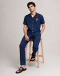 Men’s Navy Linen PJ Cord Set | 60 Lea Pure Linen Shirt & Pyjama Set | Luxury Evening Loungewear