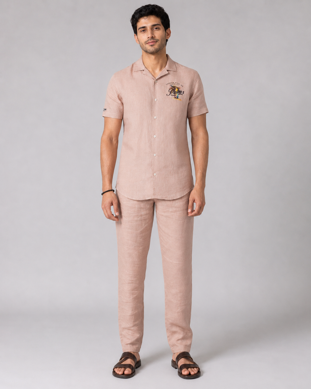 Men’s Blush Pink Pure Linen PJ Cord Set | 60 Lea Premium Linen Shirt & Pyjama Co-ord | Luxury Loungewear & Resort Set