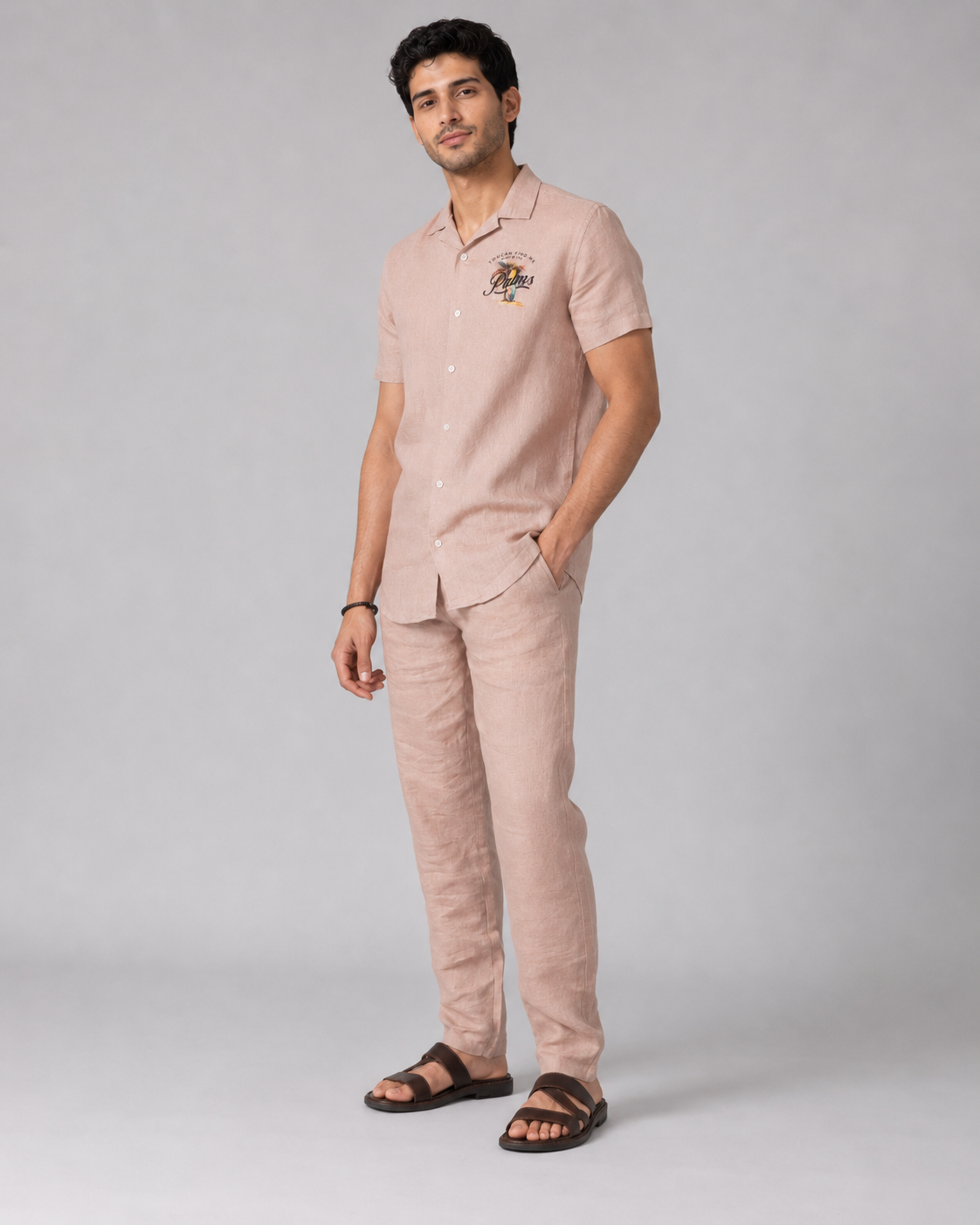 Men’s Blush Pink Pure Linen PJ Cord Set | 60 Lea Premium Linen Shirt & Pyjama Co-ord | Luxury Loungewear & Resort Set