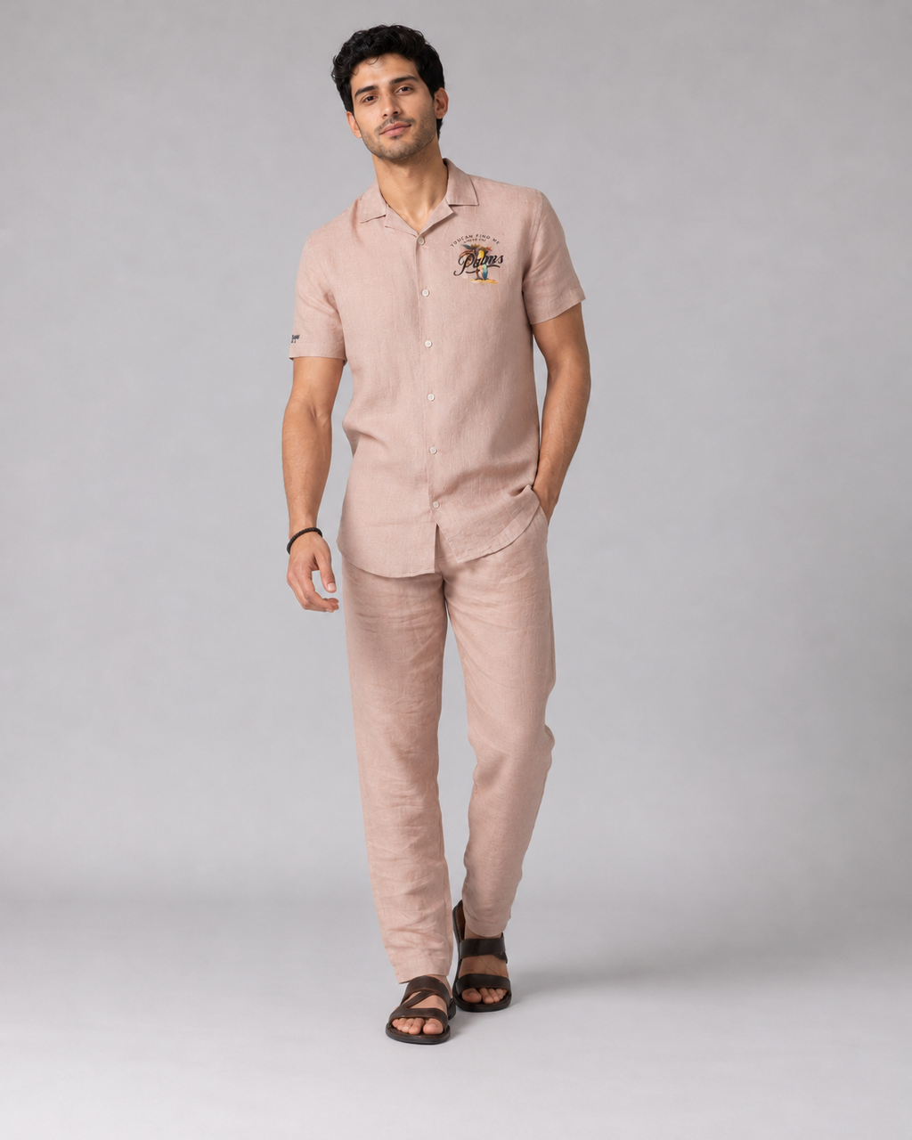 Men’s Blush Pink Pure Linen PJ Cord Set | 60 Lea Premium Linen Shirt & Pyjama Co-ord | Luxury Loungewear & Resort Set