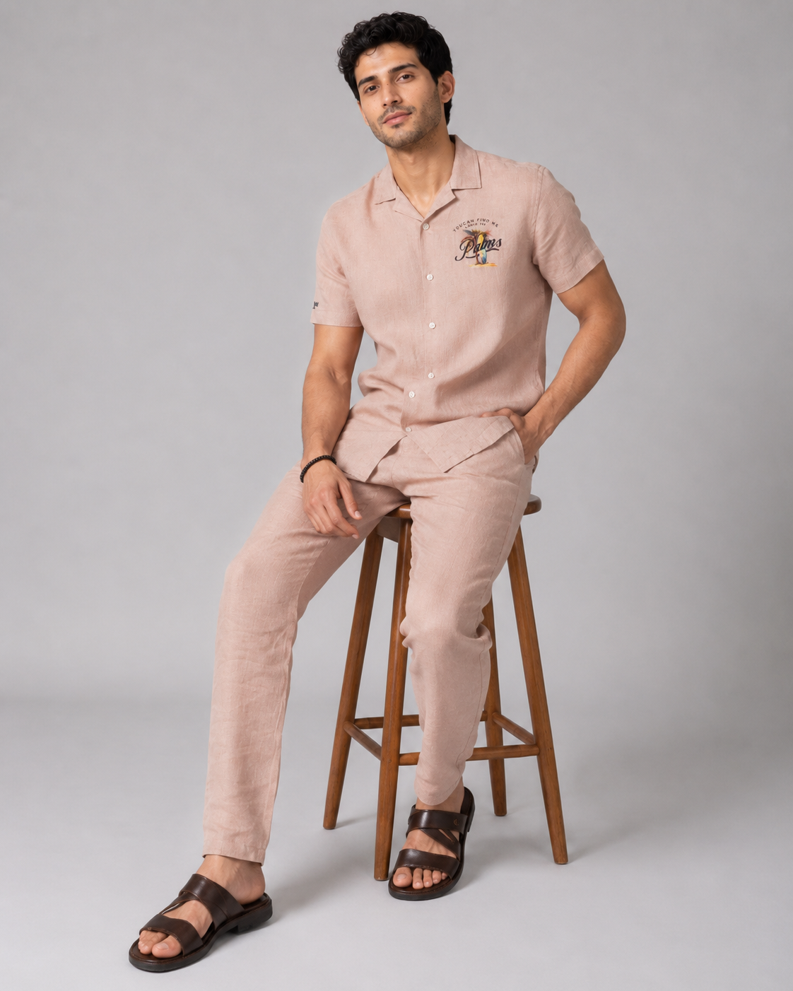 Men’s Blush Pink Pure Linen PJ Cord Set | 60 Lea Premium Linen Shirt & Pyjama Co-ord | Luxury Loungewear & Resort Set
