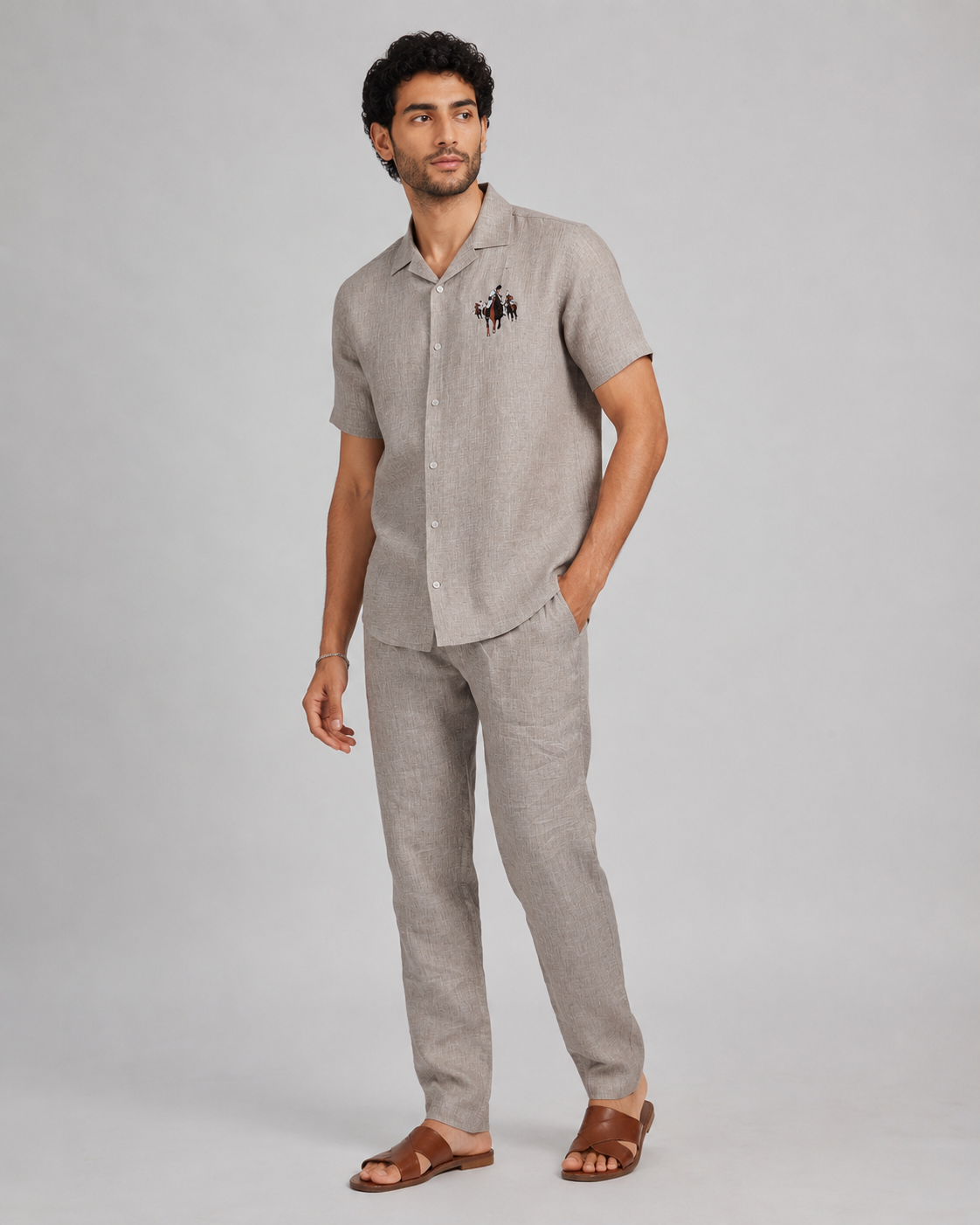 Men’s Grey Pure Linen PJ Cord Set | 60 Lea Premium Linen Shirt & Pyjama Co-ord | Premium Lounge Wear