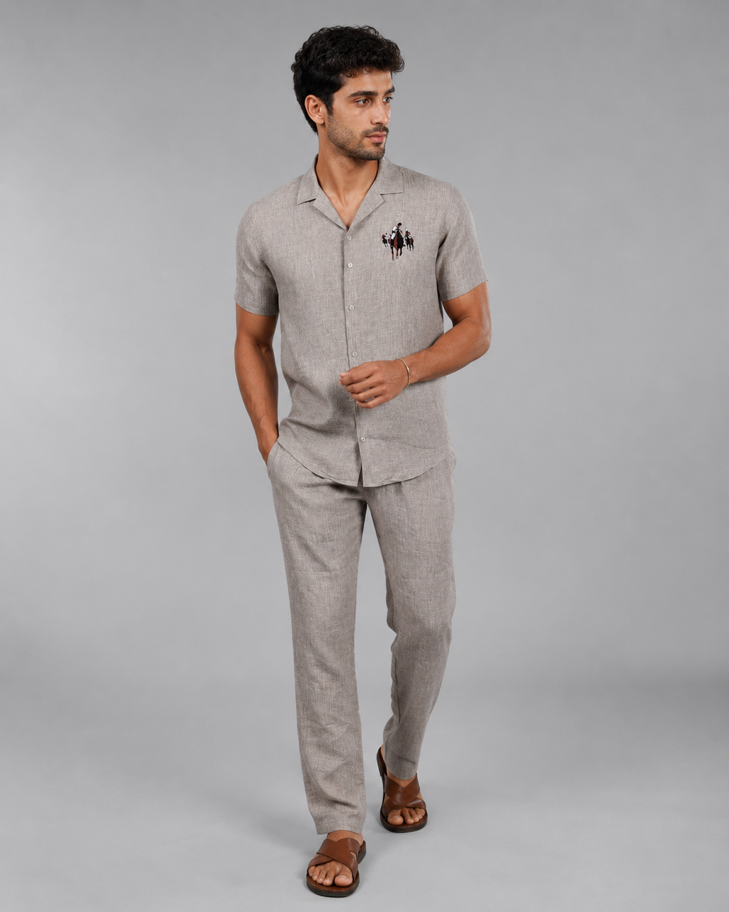 Men’s Grey Pure Linen PJ Cord Set | 60 Lea Premium Linen Shirt & Pyjama Co-ord | Premium Lounge Wear