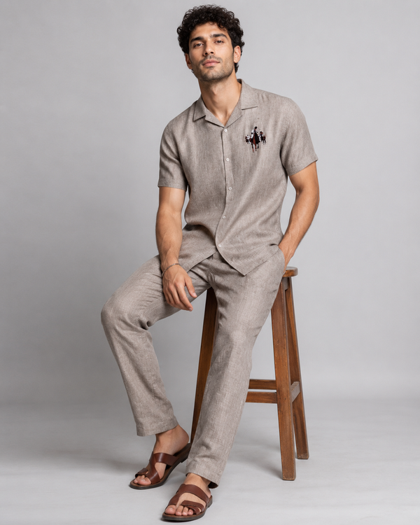 Men’s Grey Pure Linen PJ Cord Set | 60 Lea Premium Linen Shirt & Pyjama Co-ord | Premium Lounge Wear