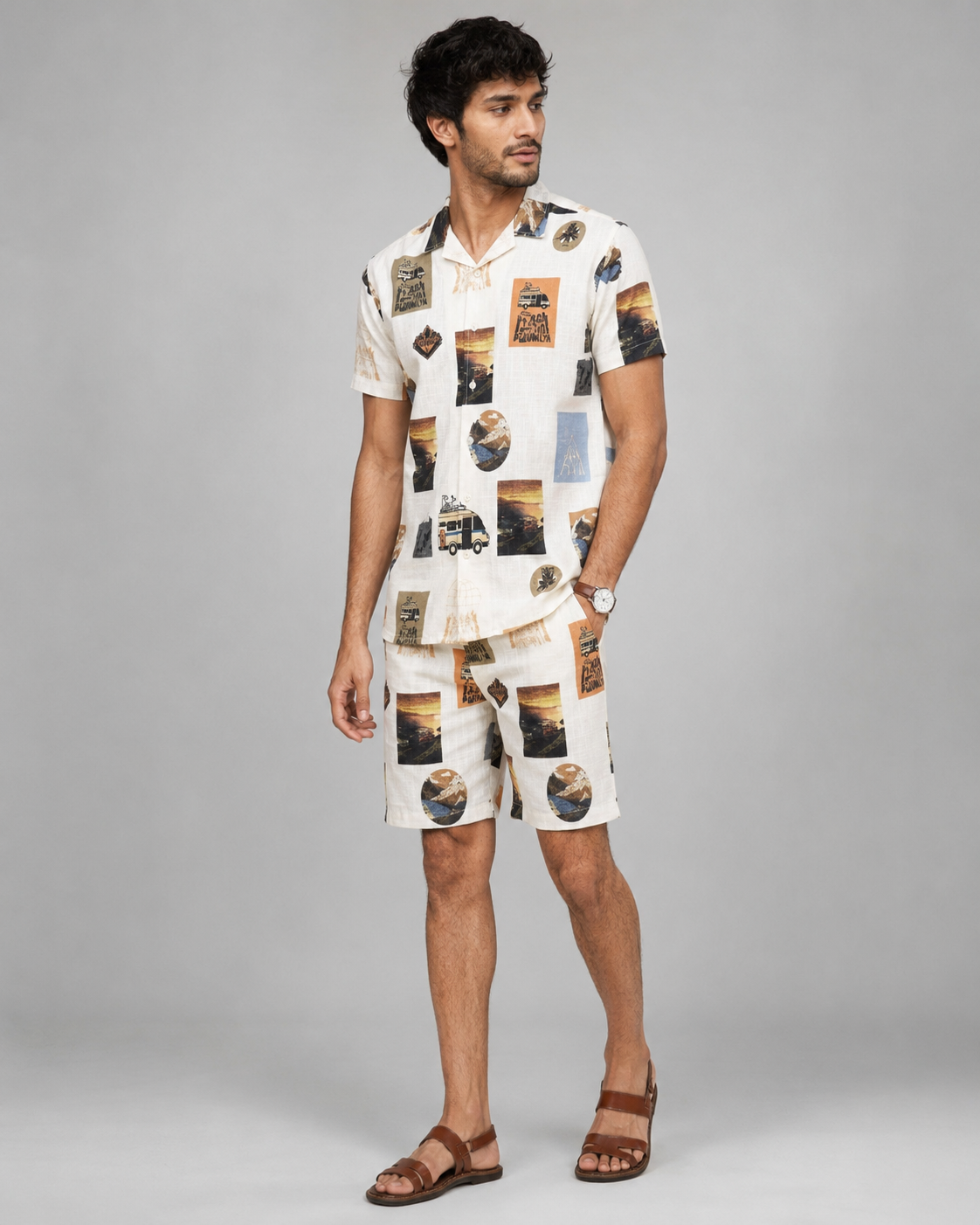Vintage Travel Printed Cord Set for Men – Casual Summer Co-ord Set