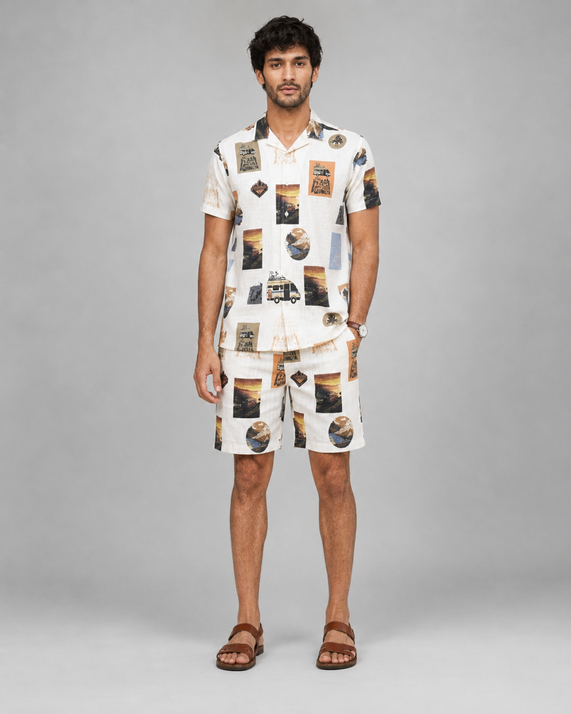 Vintage Travel Printed Cord Set for Men – Casual Summer Co-ord Set