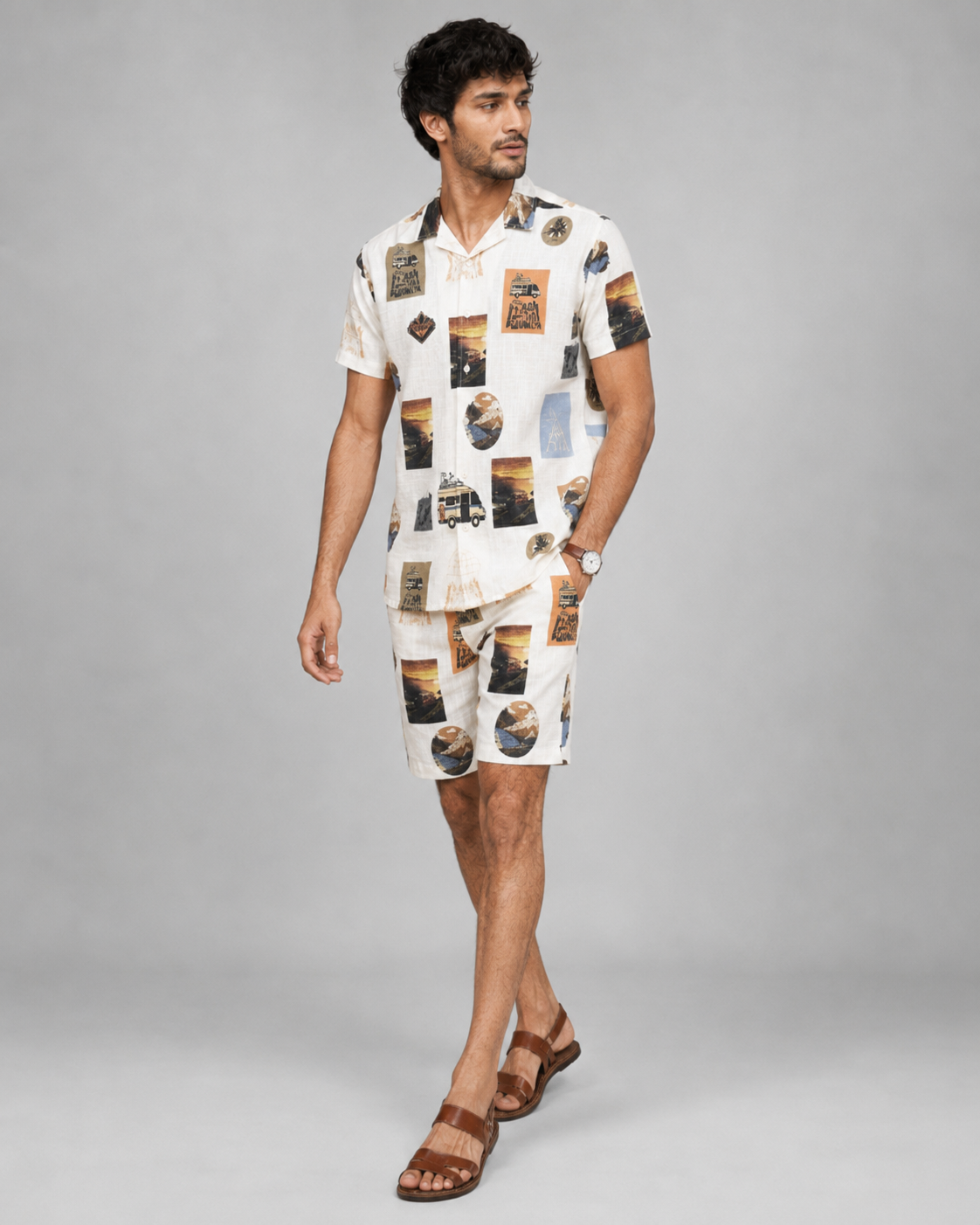 Vintage Travel Printed Cord Set for Men – Casual Summer Co-ord Set