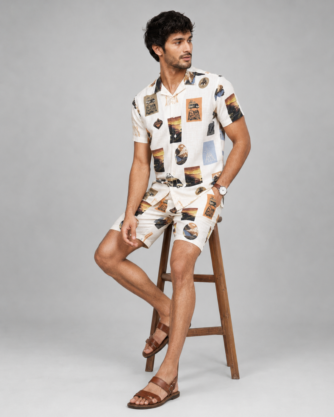 Vintage Travel Printed Cord Set for Men – Casual Summer Co-ord Set