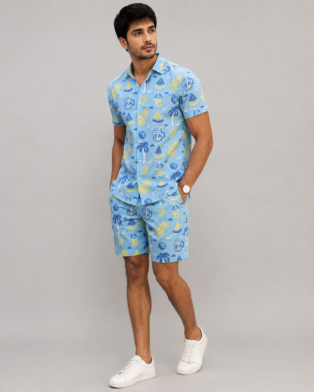 Sky Blue Tropical Printed Cord Set for Men – Summer Vacation Co-ord
