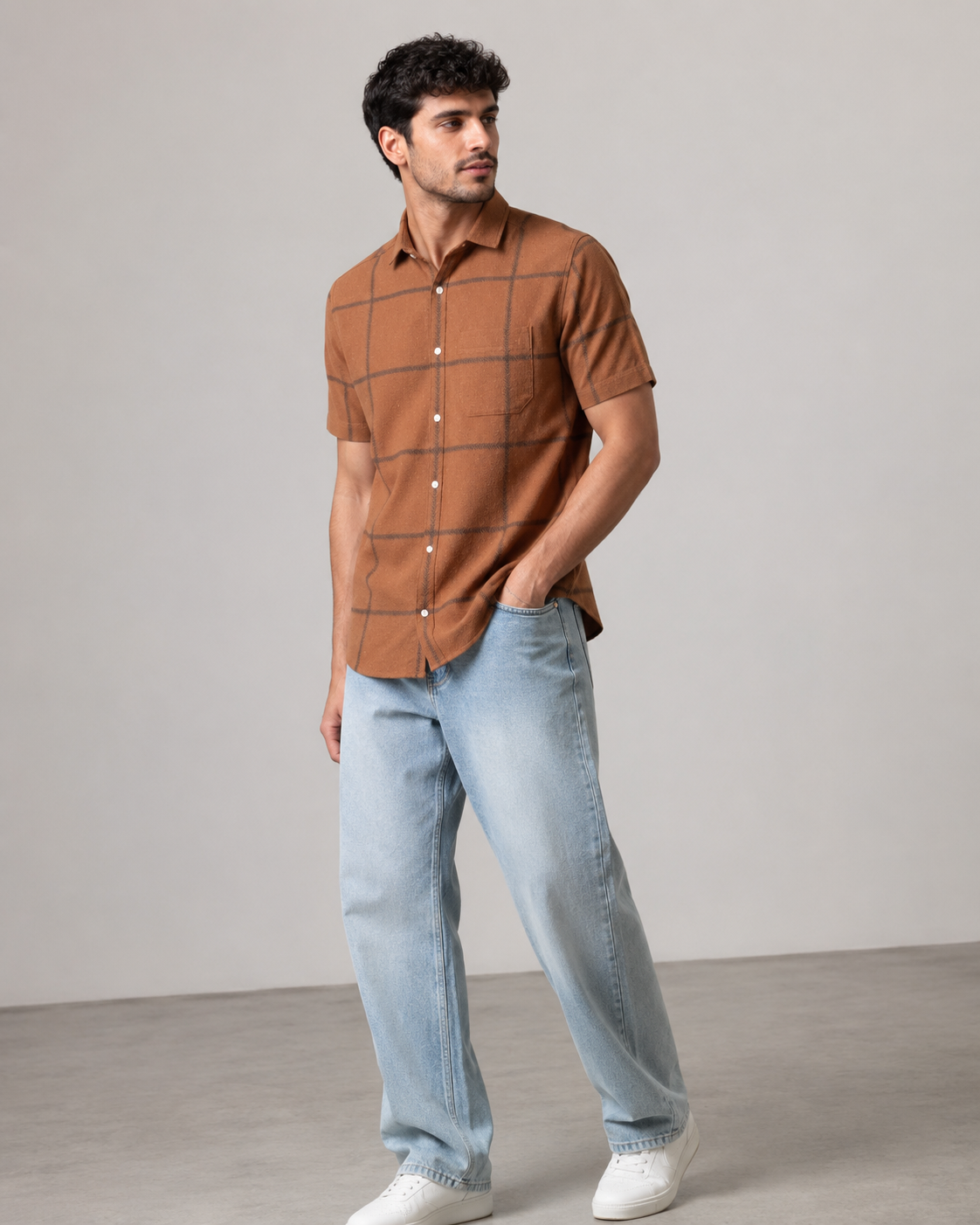 Rust Windowpane Khadi Cotton Shirt
