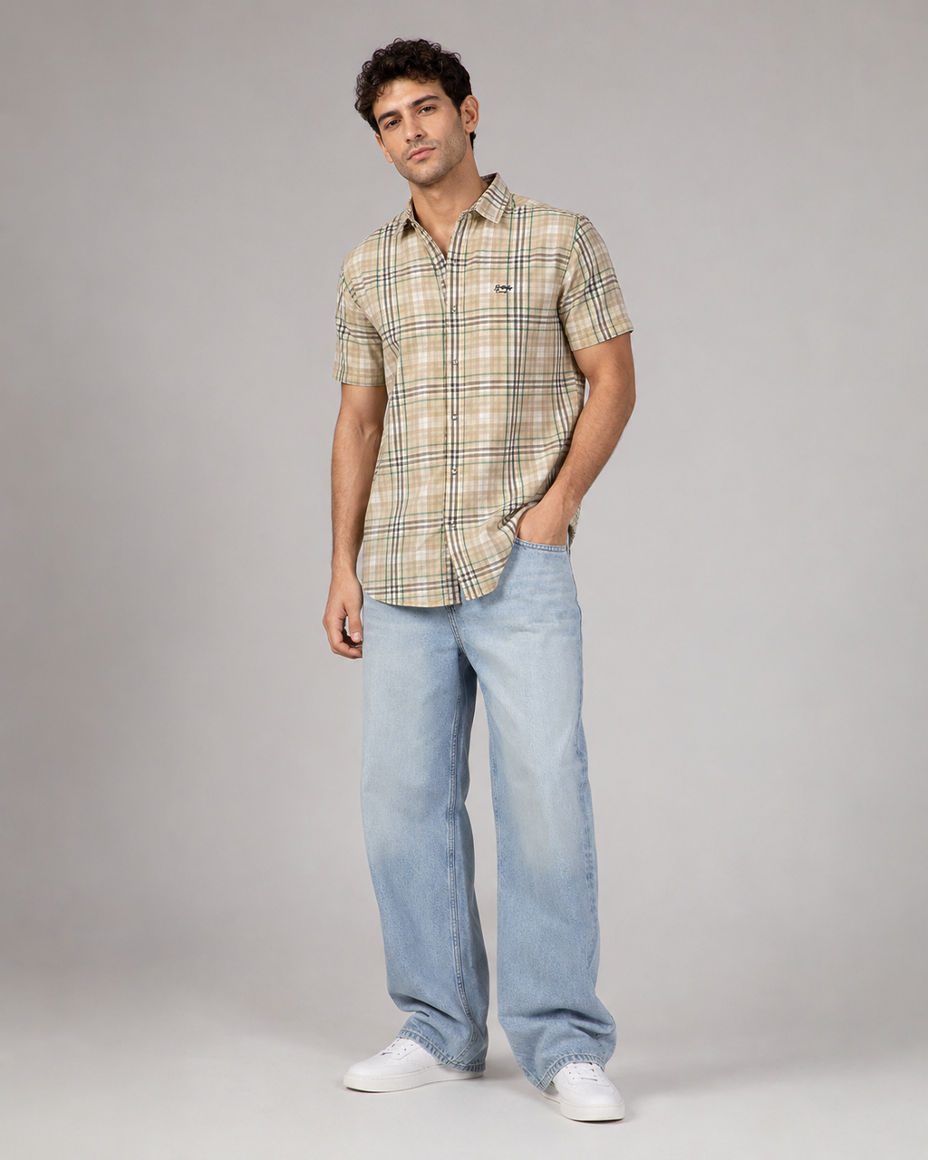 Sand Green Check Cotton Shirt