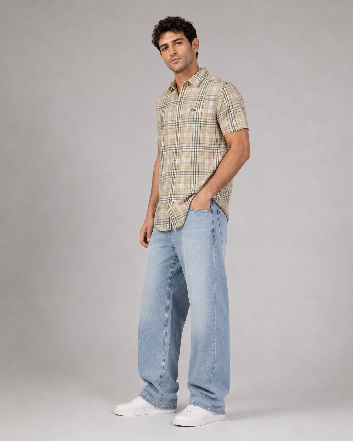 Sand Green Check Cotton Shirt