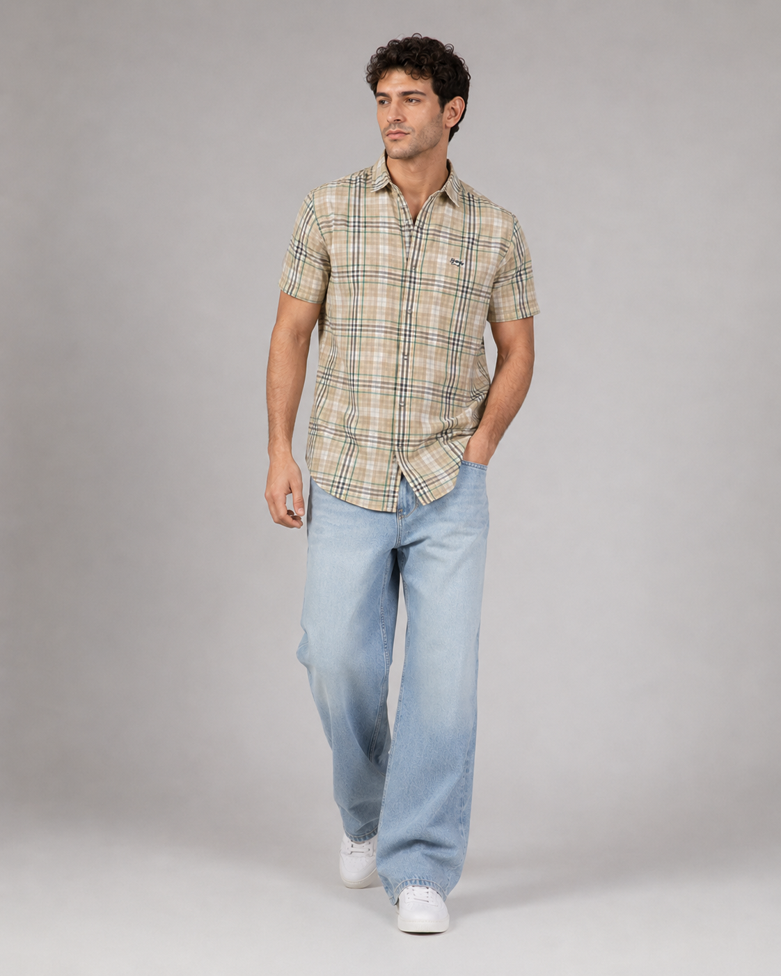Sand Green Check Cotton Shirt