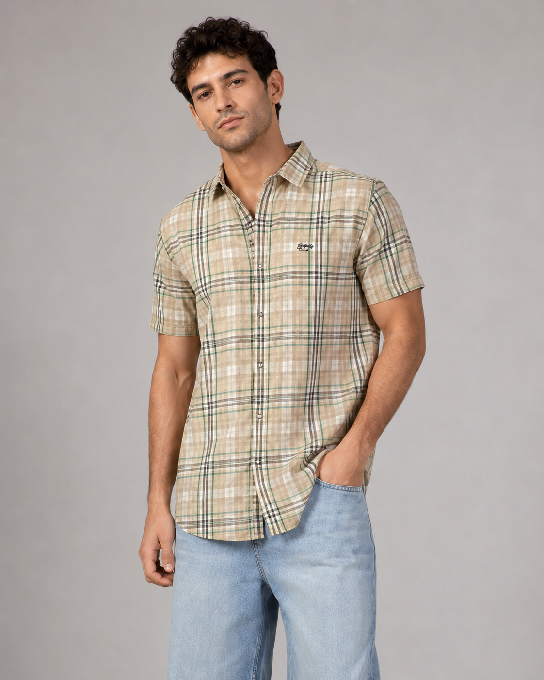 Sand Green Check Cotton Shirt