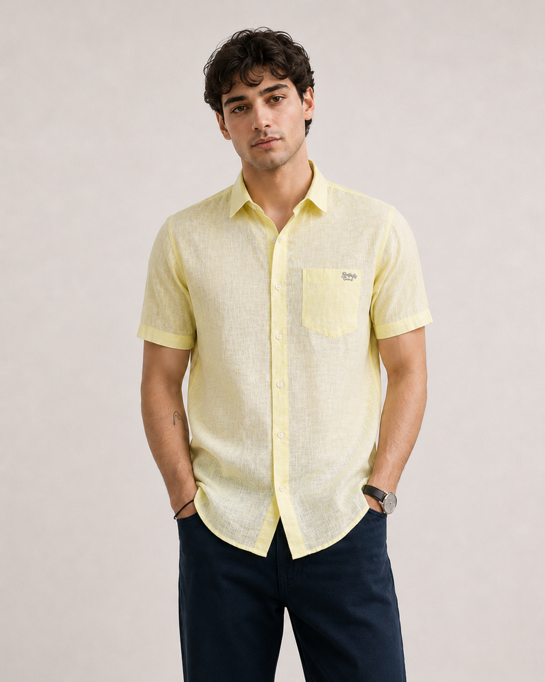 Pale Lemon Textured Cotton Shirt