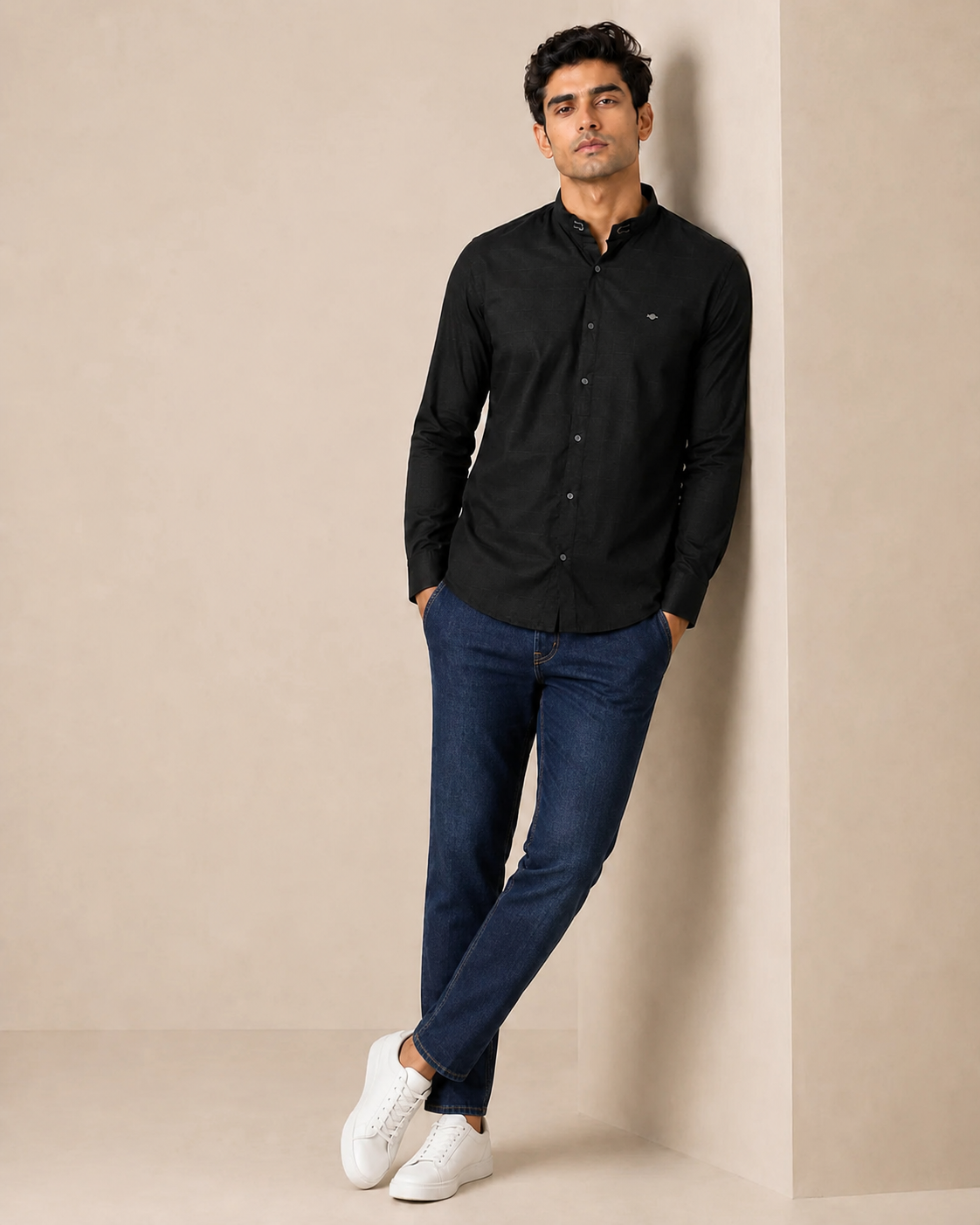 Onyx Grid Band Collar Cotton Shirt