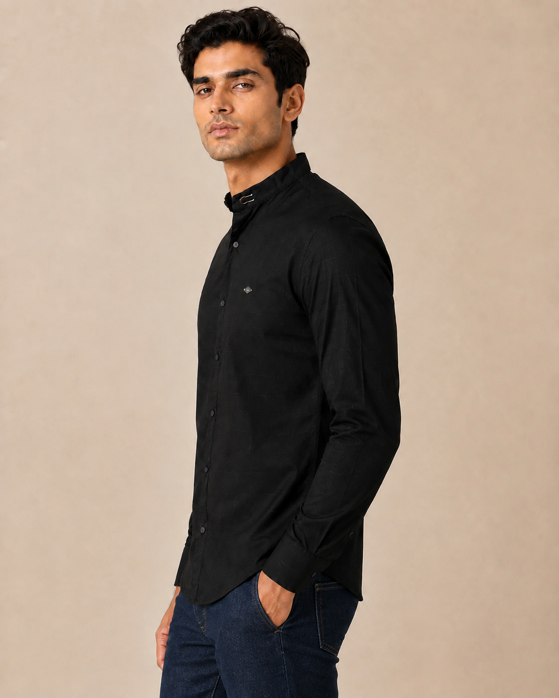 Onyx Grid Band Collar Cotton Shirt