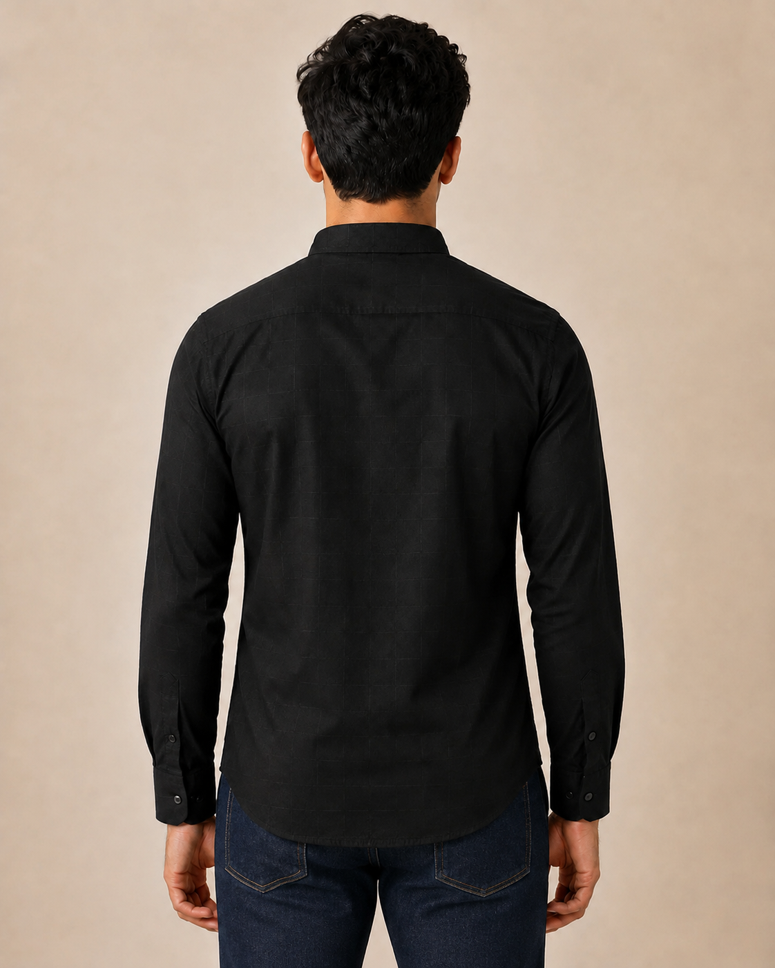 Onyx Grid Band Collar Cotton Shirt