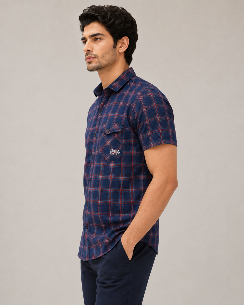 Navy Crimson Plaid Cotton Shirt