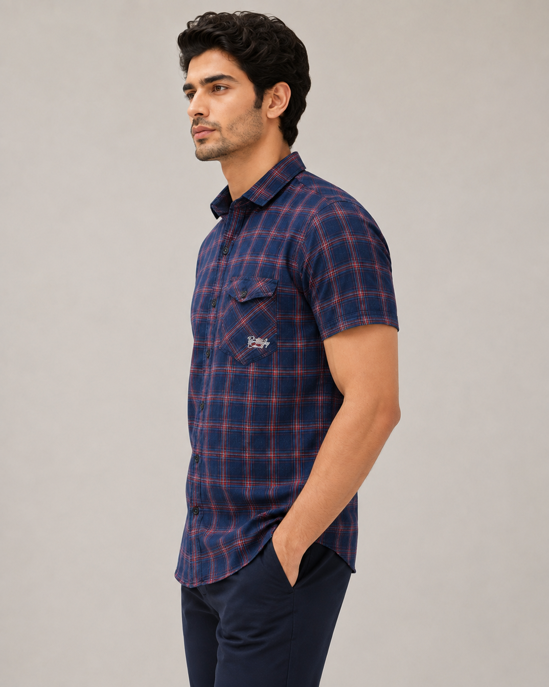 Navy Crimson Plaid Cotton Shirt