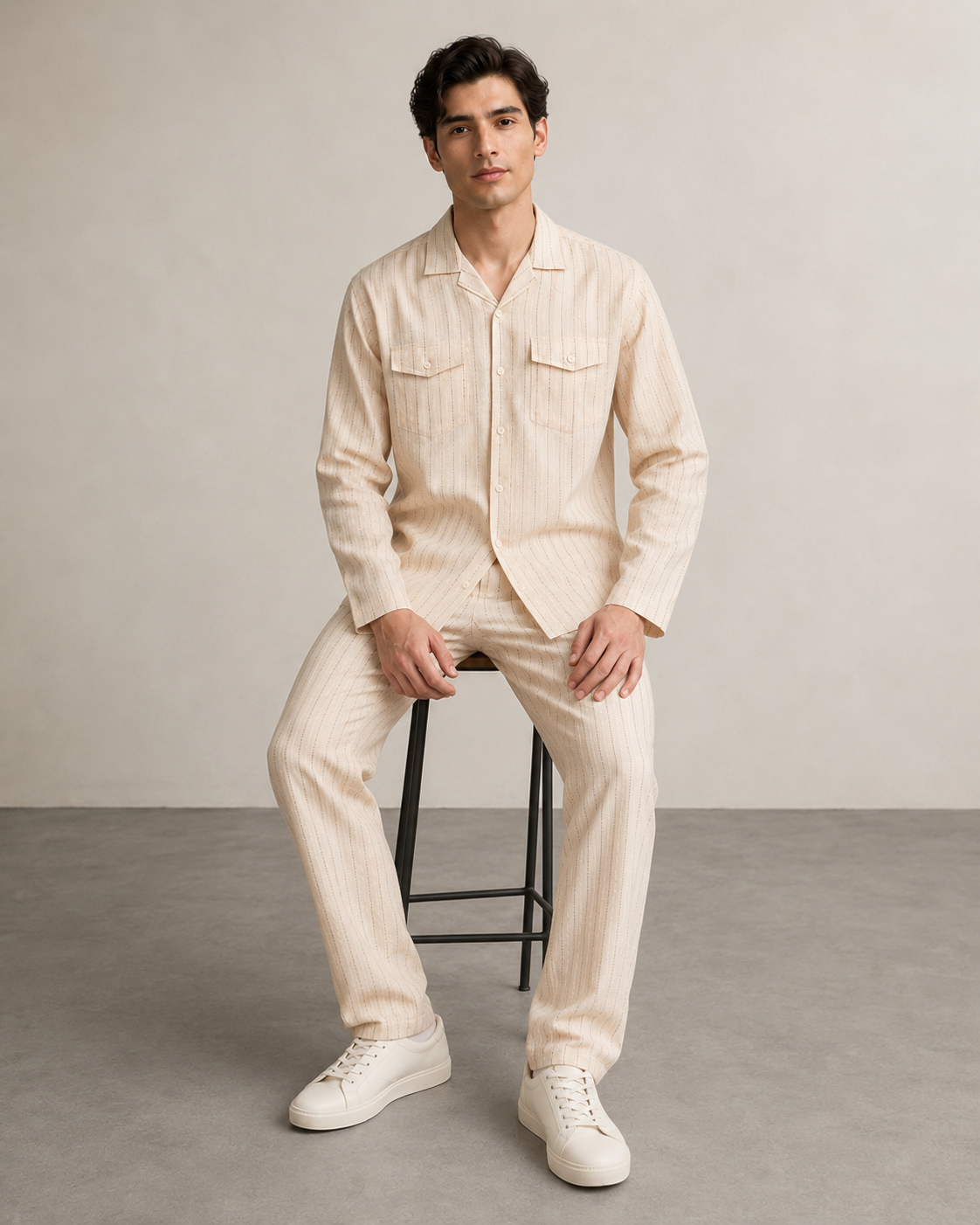 Men’s Ivory Stripe Cotton PJ Cord Set | Premium Cotton Shirt & Pyjama Co-ord | Luxury Loungewear & Resort Set