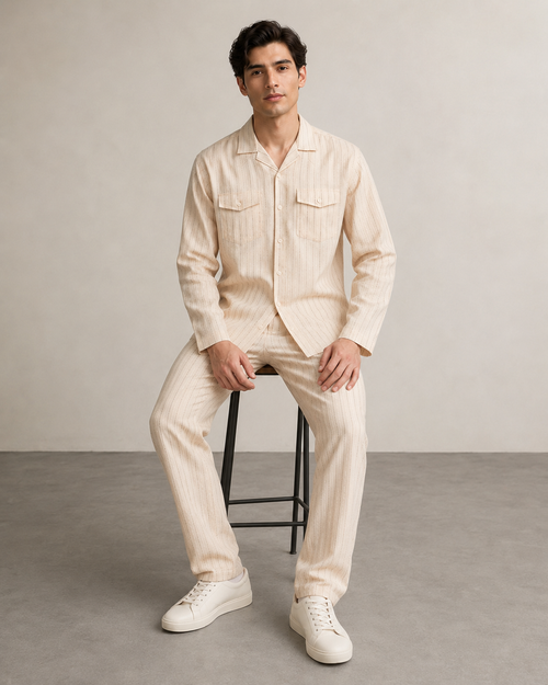 Men’s Ivory Stripe Cotton PJ Cord Set | Premium Cotton Shirt & Pyjama Co-ord | Luxury Loungewear & Resort Set