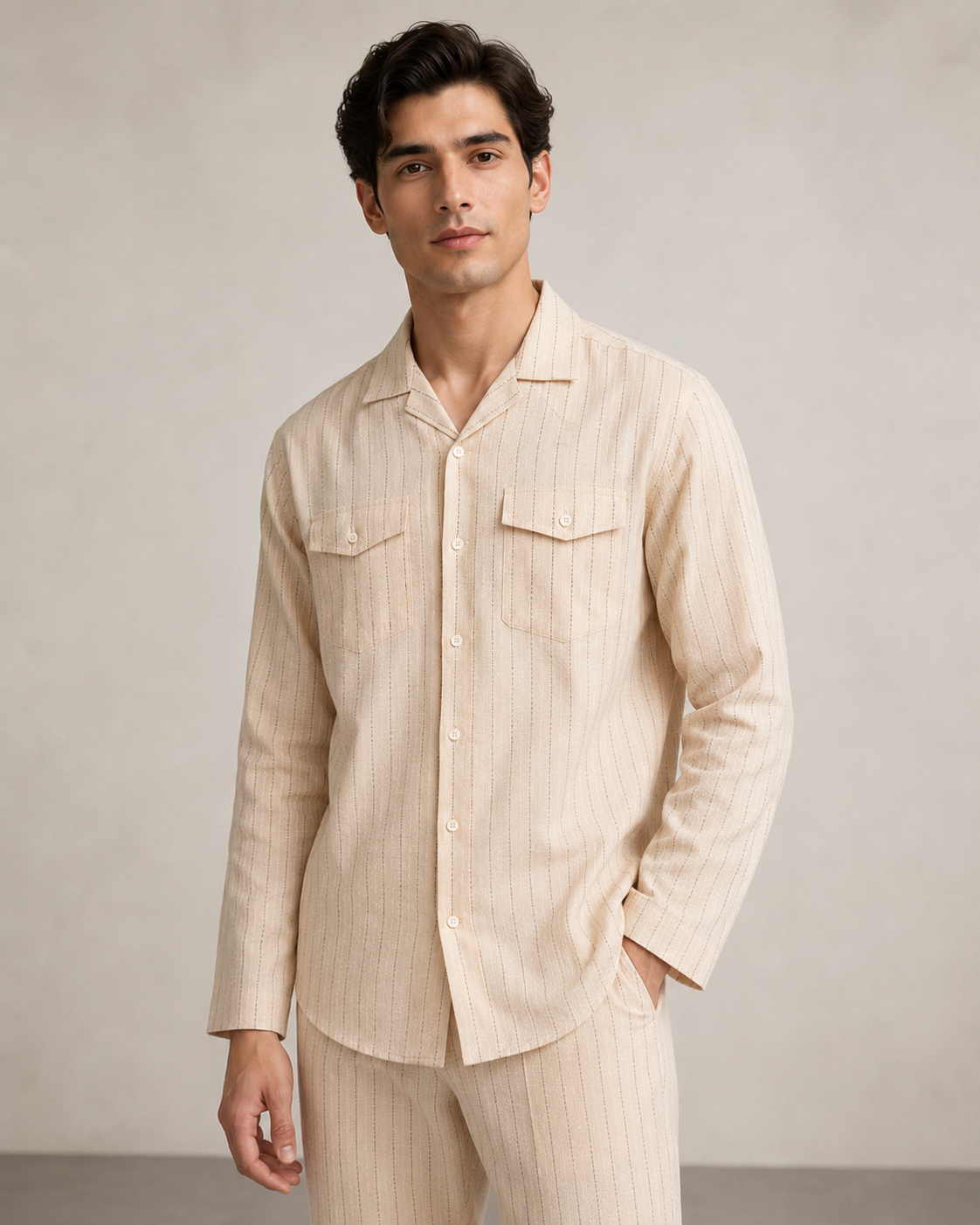 Men’s Ivory Stripe Cotton PJ Cord Set | Premium Cotton Shirt & Pyjama Co-ord | Luxury Loungewear & Resort Set