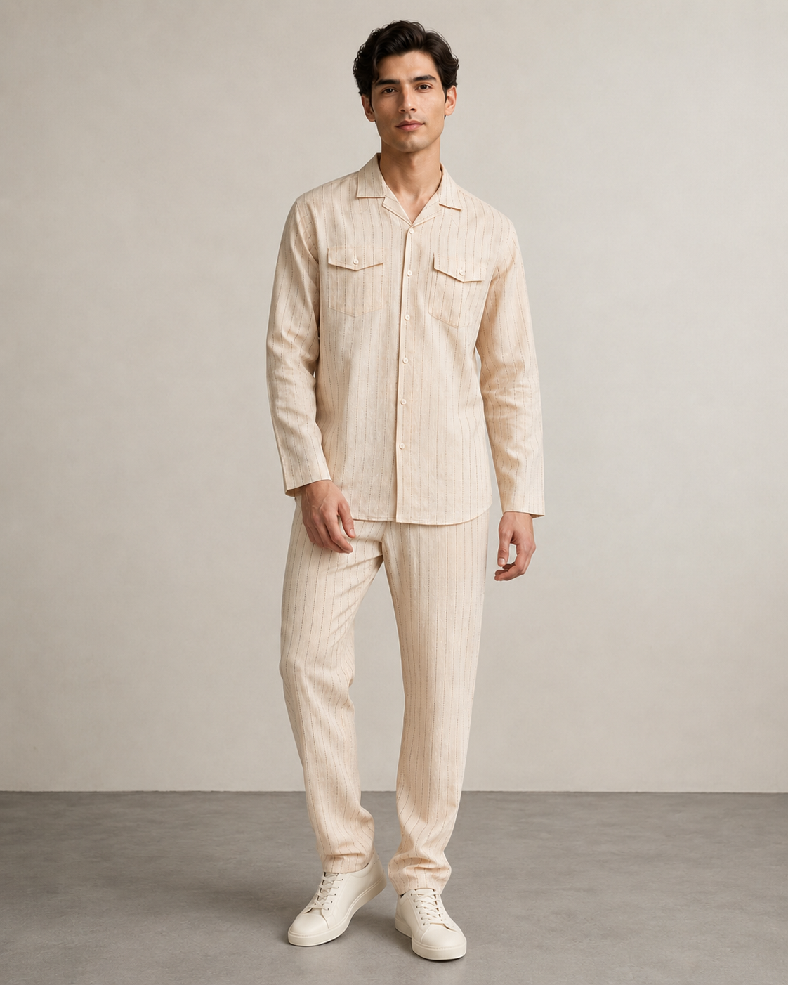 Men’s Ivory Stripe Cotton PJ Cord Set | Premium Cotton Shirt & Pyjama Co-ord | Luxury Loungewear & Resort Set