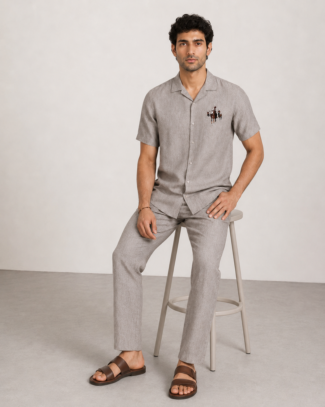 Men’s Grey Pure Linen PJ Cord Set | 60 Lea Premium Linen Shirt & Pyjama Co-ord | Premium Lounge Wear