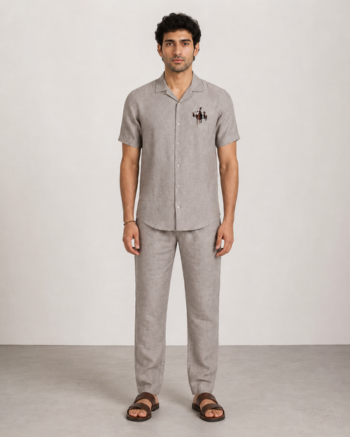 Men’s Grey Pure Linen PJ Cord Set | 60 Lea Premium Linen Shirt & Pyjama Co-ord | Premium Lounge Wear