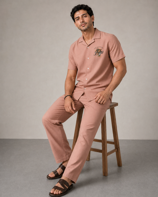 Men’s Blush Pink Pure Linen PJ Cord Set | 60 Lea Premium Linen Shirt & Pyjama Co-ord | Luxury Loungewear & Resort Set
