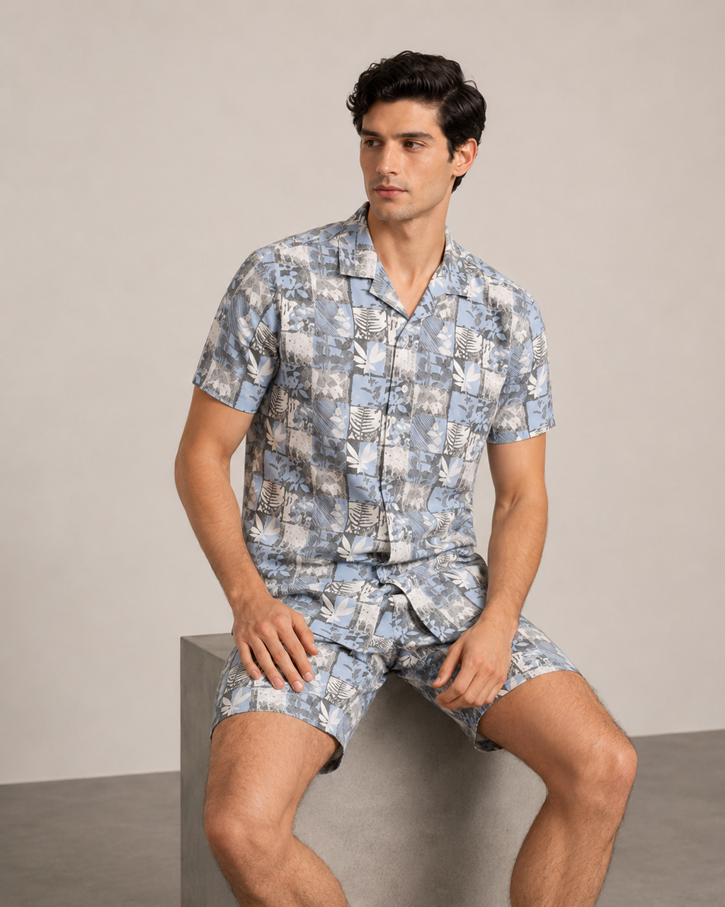 Men’s Blue Patchwork Printed Cord Set | Shirt & Shorts Co-ord