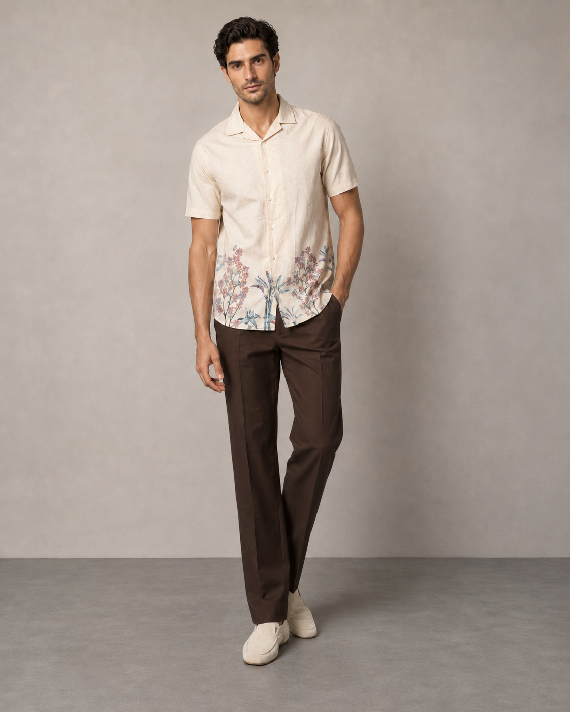 Men’s Ivory Floral Cotton PJ Cord Set | Premium Cotton Shirt & Pyjama Co-ord | Resort Wear & Luxury Loungewear Set