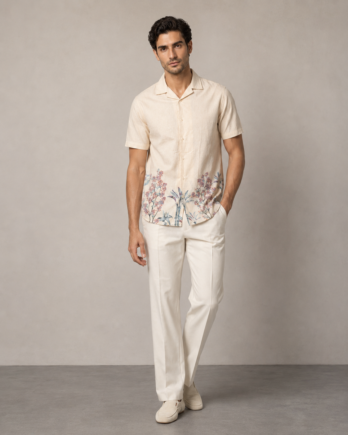 Men’s Ivory Floral Cotton PJ Cord Set | Premium Cotton Shirt & Pyjama Co-ord | Resort Wear & Luxury Loungewear Set