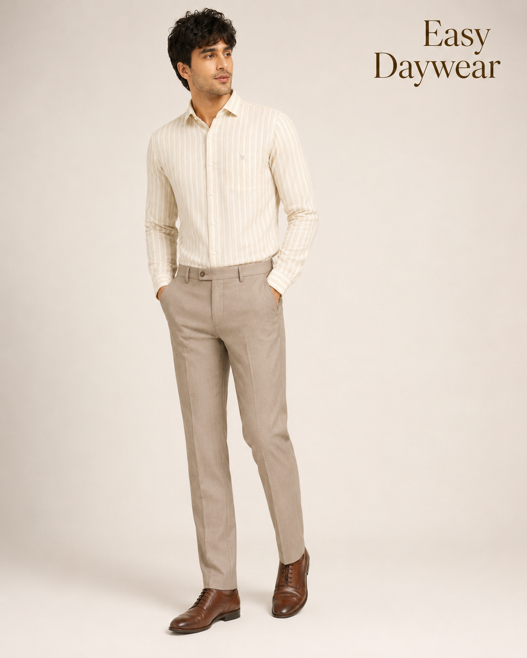 Ivory Beige Stripe Cotton Shirt