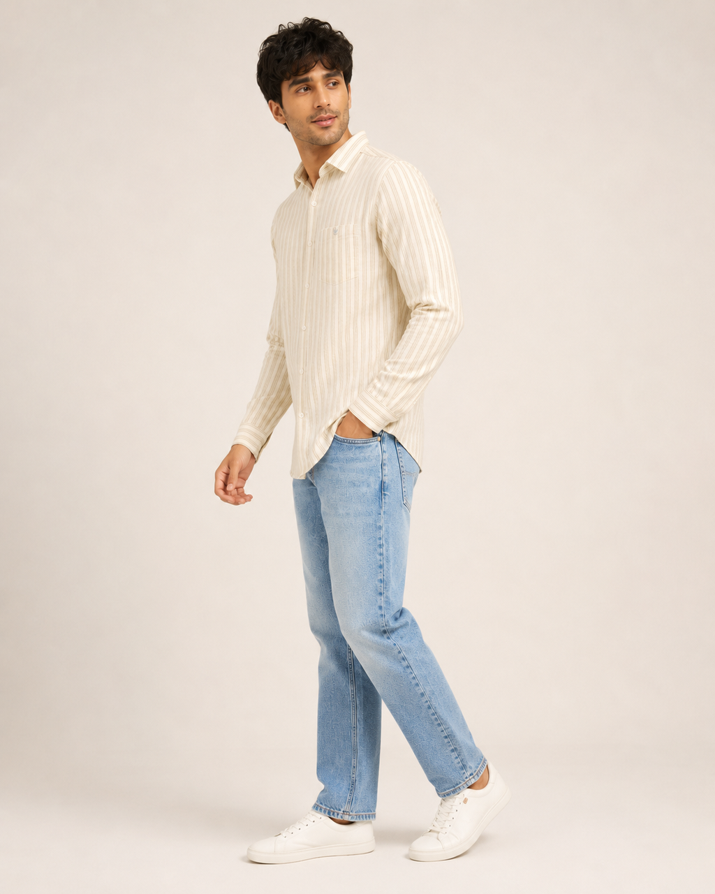 Ivory Beige Stripe Cotton Shirt