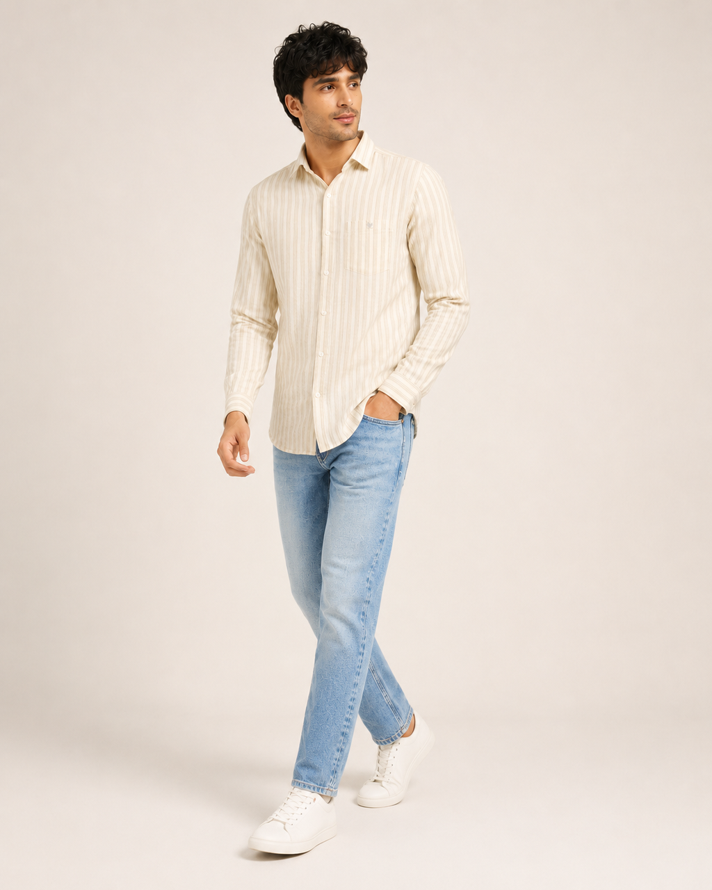 Ivory Beige Stripe Cotton Shirt