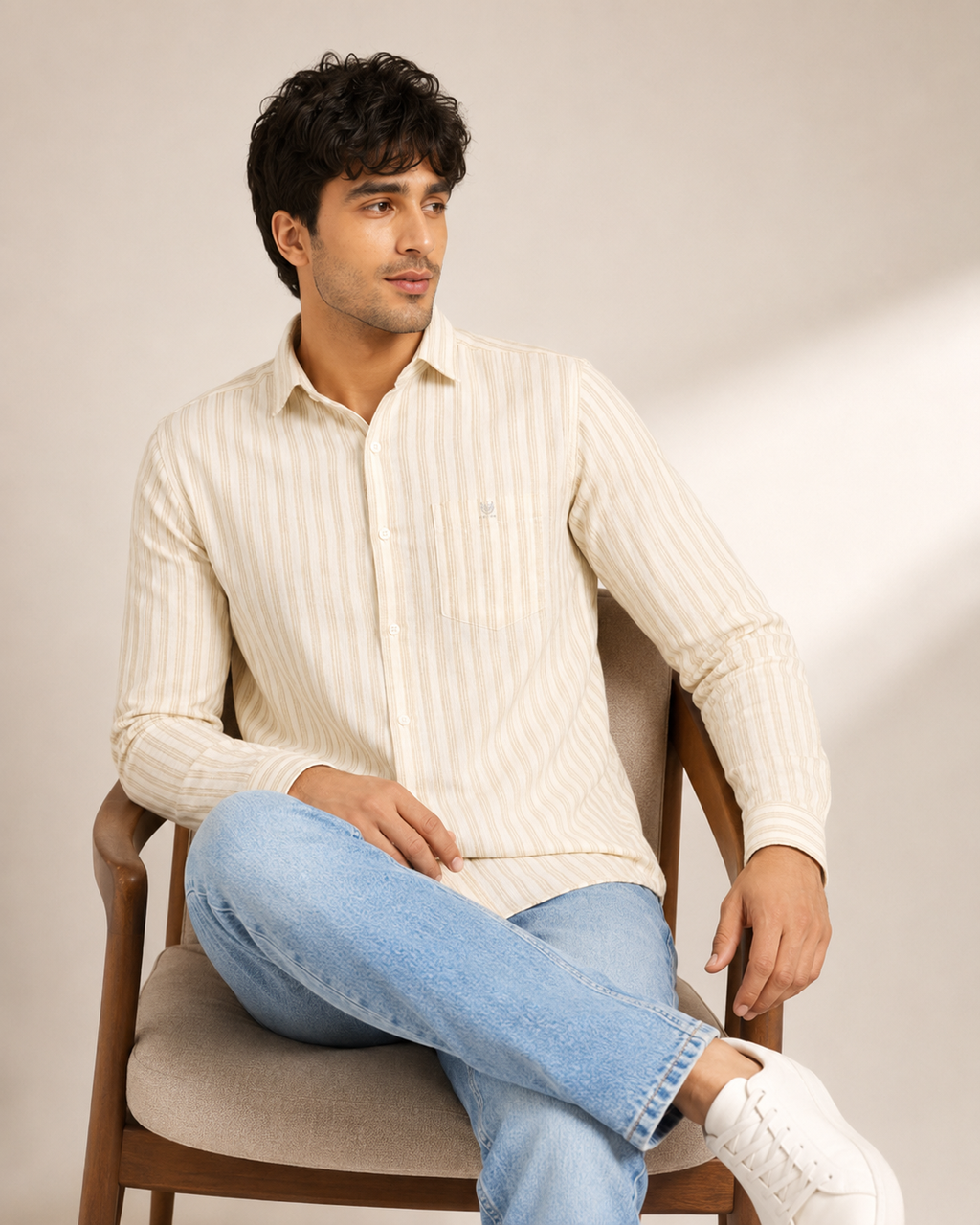 Ivory Beige Stripe Cotton Shirt