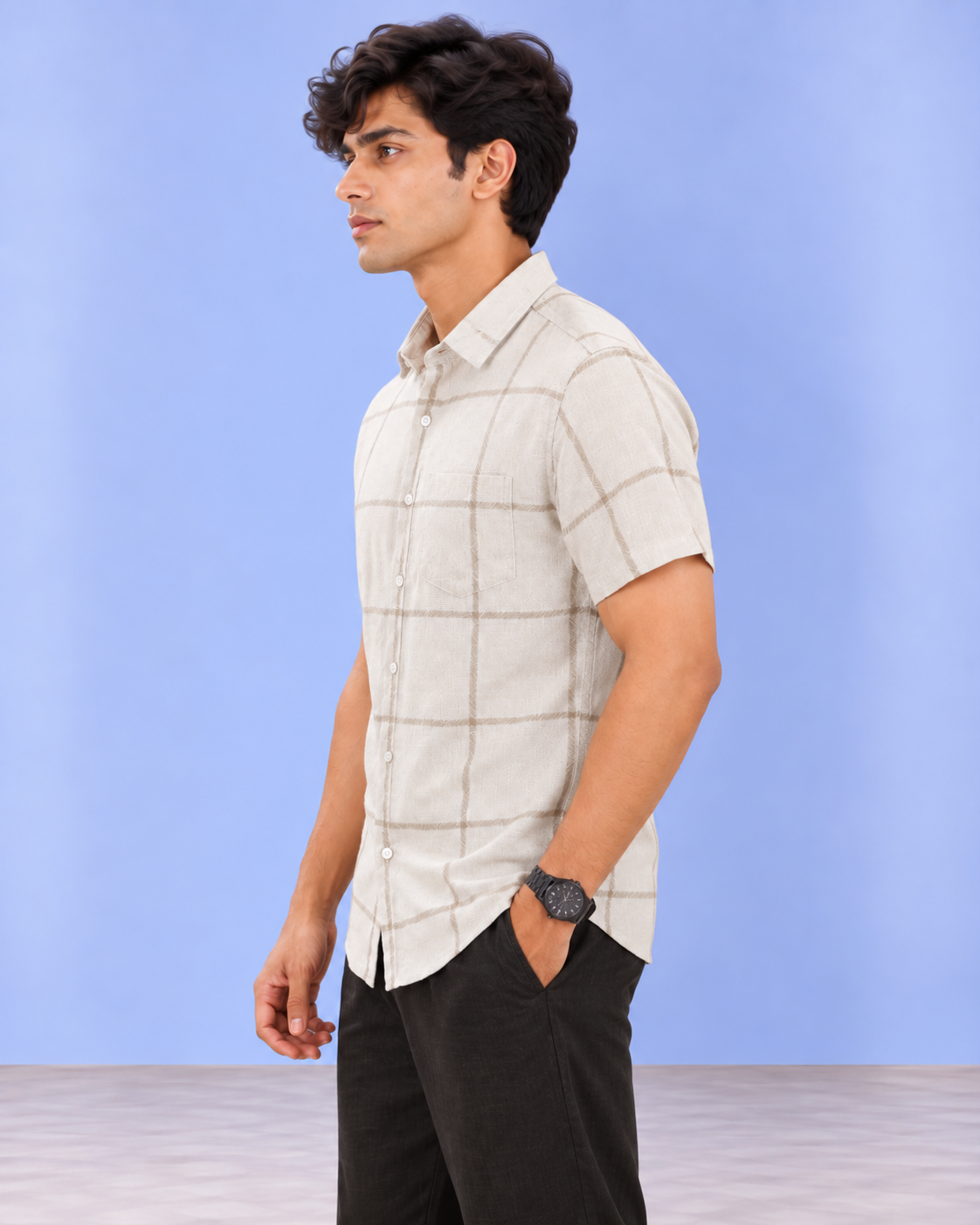 Cream Windowpane Khadi Shirt
