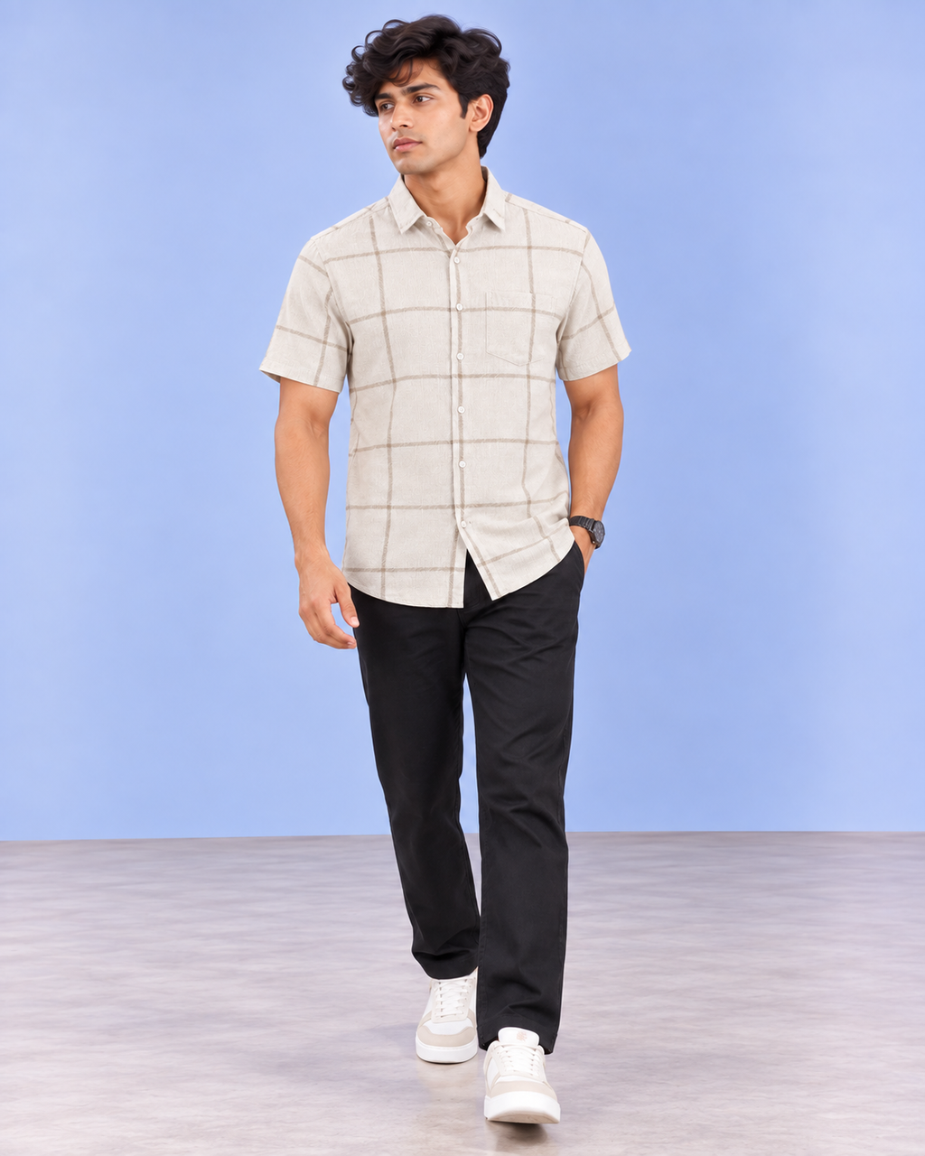 Cream Windowpane Khadi Shirt