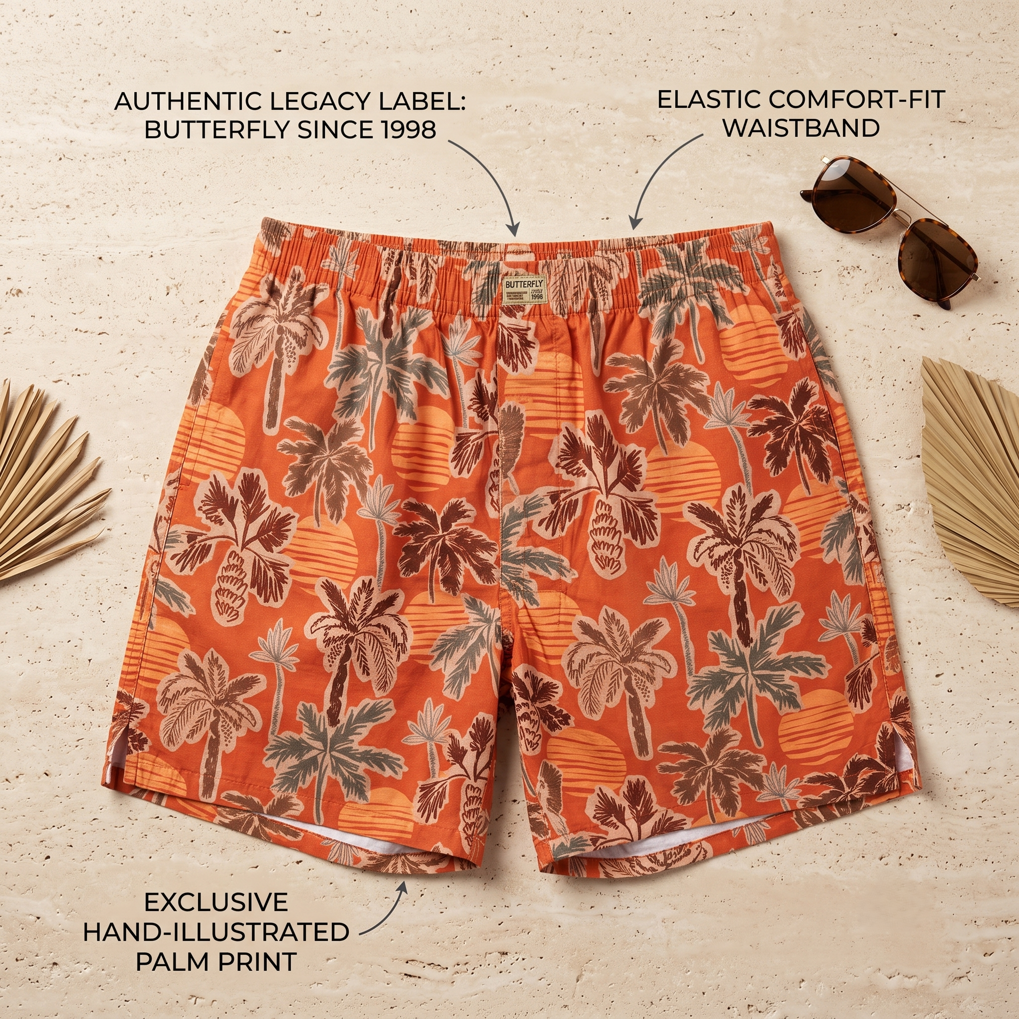 Tropical Palm Print Elastic Waist Shorts