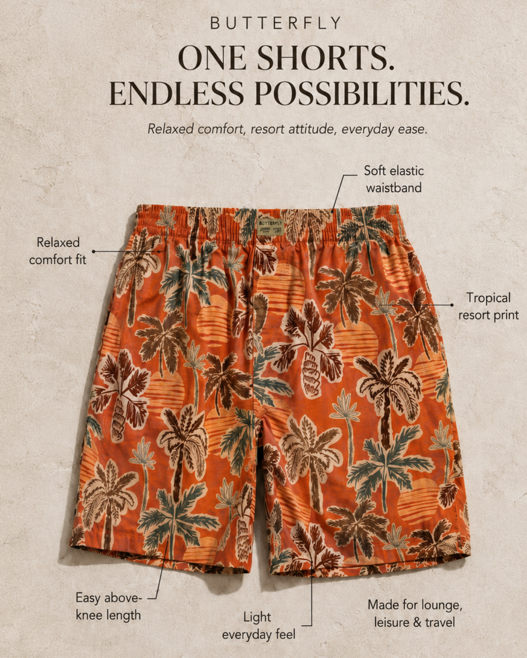 Tropical Palm Print Elastic Waist Shorts