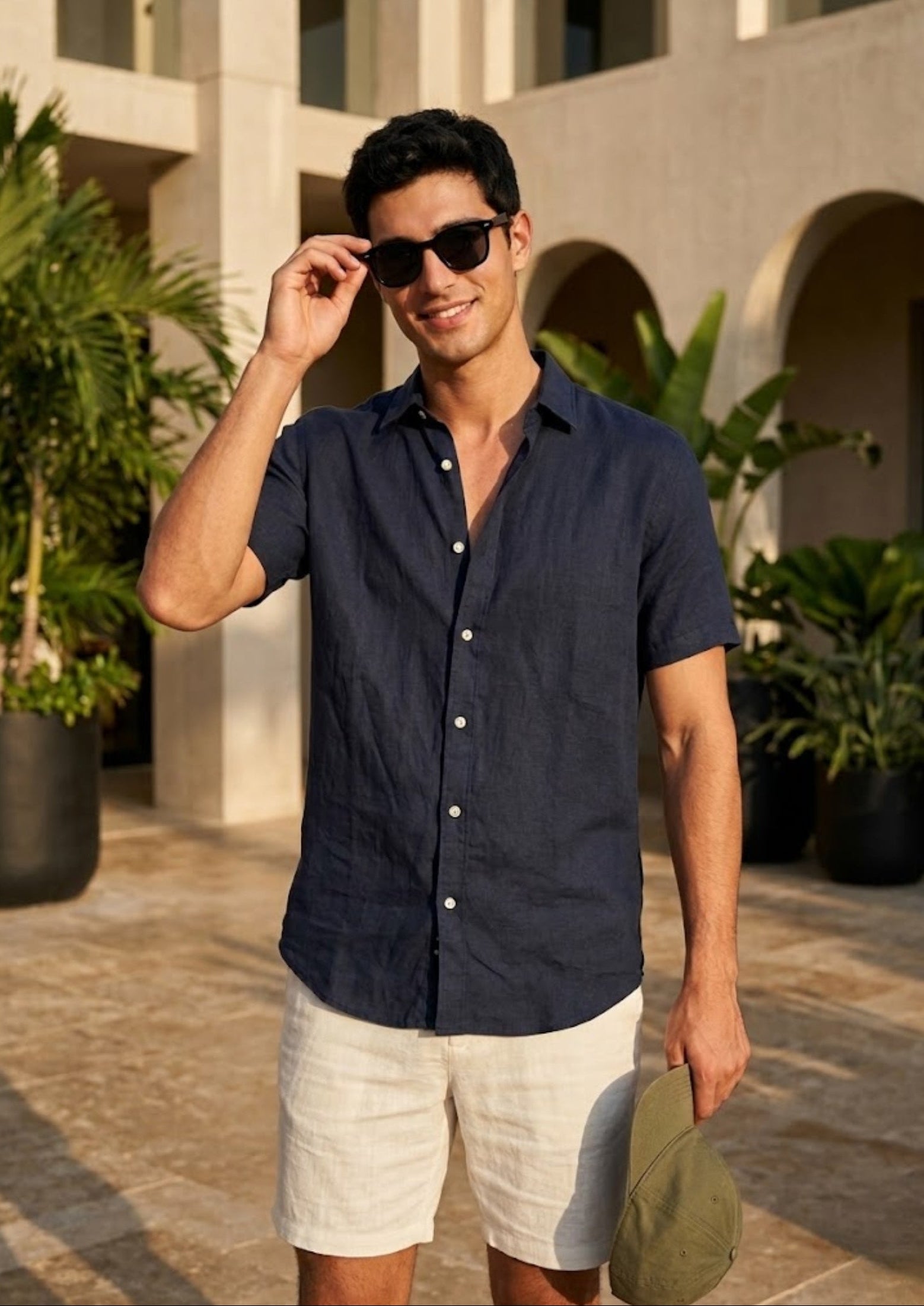 Man wearing a navy shirt and light shorts, holding sunglasses and a green hat, standing outdoors.